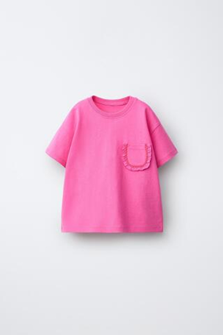 ZARA ФУТБОЛКА С КАРМАНОМ И ВОЛАНАМИ, КОРАЛЛОВЫЙ