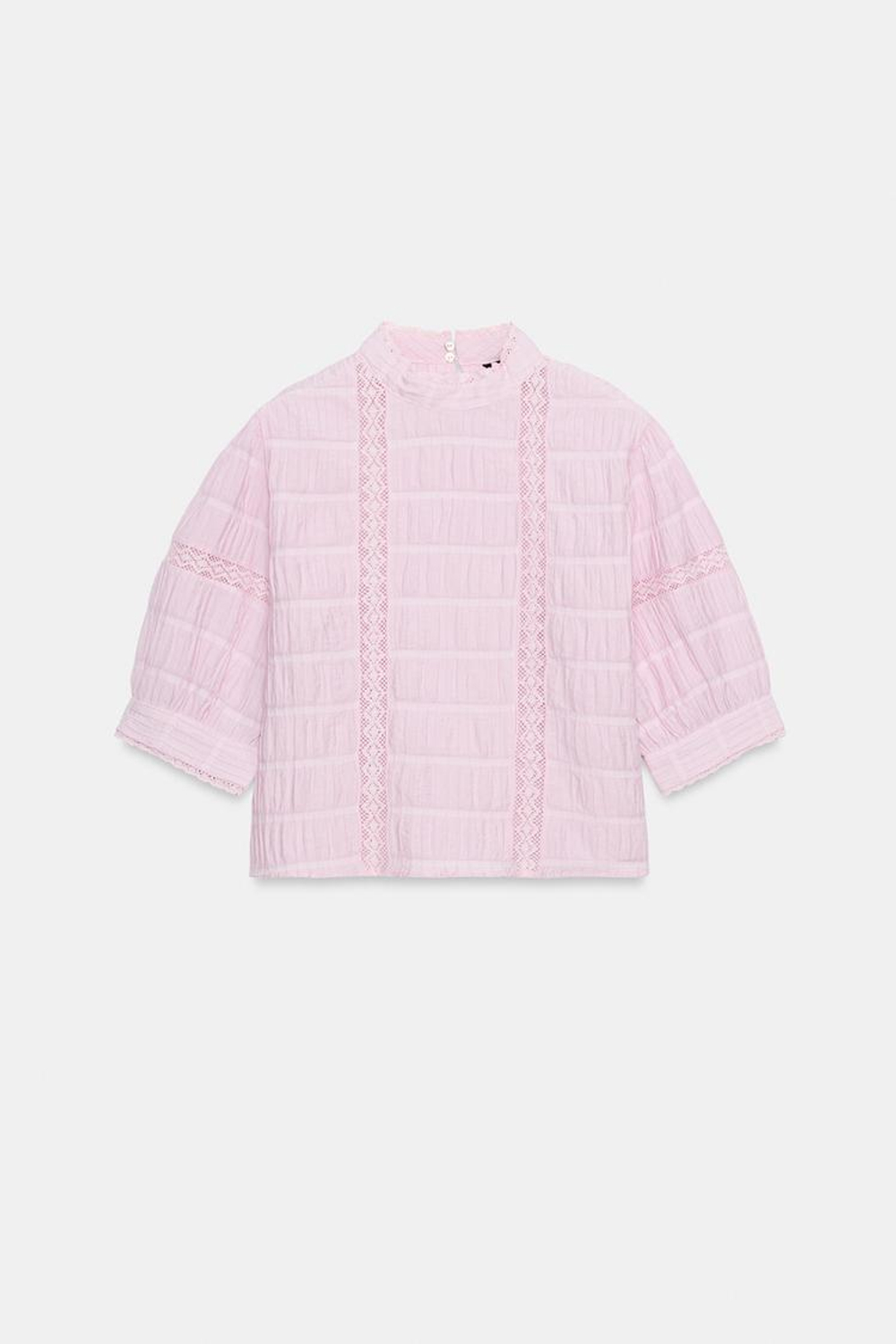 ZARA РУБАШКА С КРУЖЕВОМ И РУКАВАМИ-БУФФАМИ, РОЗОВЫЙ