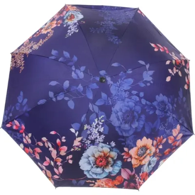 Зонт механический ветроустойчивый, матовая ручка «BESTzontik - exoticа», цветы на темно синем, длина 25см, d-110см