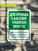 Табличка для бассейна "Для прохода к бассейну требуется пропуск", на пляж, для общественной и частной зоны отдыха, информационная, 40х30 см, Silver Plane x Айдентика Технолоджи