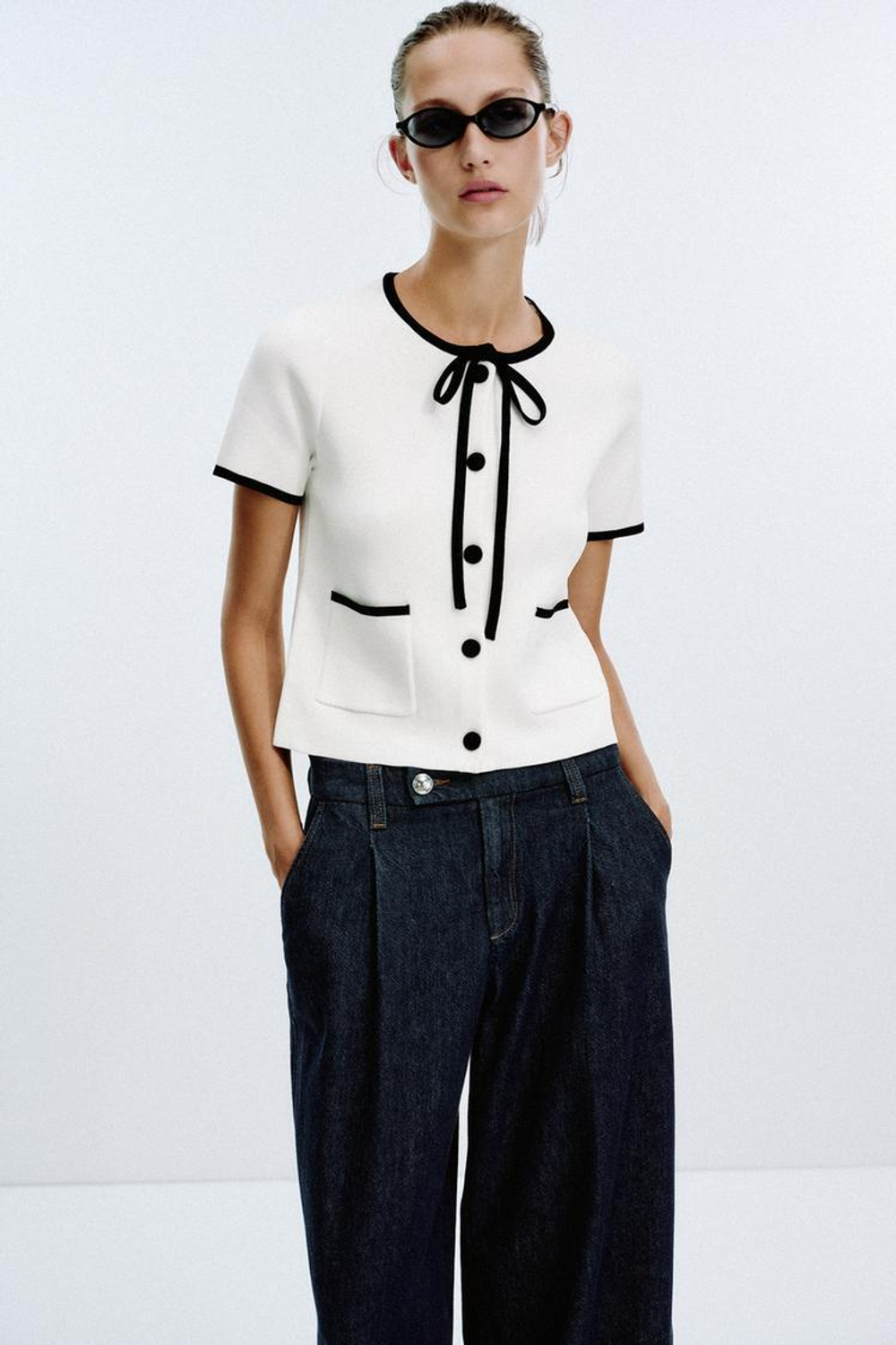 ZARA ТРИКОТАЖНАЯ КАРДИГАН С КОНТРАСТНОЙ ОТДЕЛКОЙ, БЕЛЫЙ