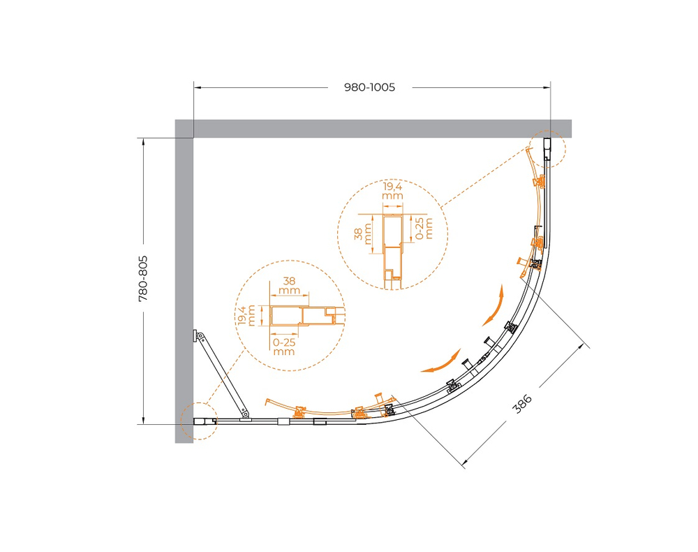 Душевой уголок Cezares MOLVENO-RH-2-100/80-P-Cr, 100х80х195, профиль хром, стекло Punto матовое