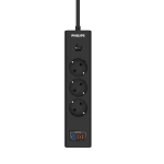 Сетевой фильтр удлинитель Philips CHP4336BA/51 с тремя стандартными розетками EU, 2 USB-A, Type-C, с заземлением и защитой от перегрузок, 2 м, черный