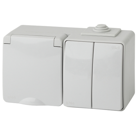 Блок розетка с выключателем ЭРА Эксперт 11-7602-03 двойным IP65 16A-10AX-250В горизонтальная ОУ серый