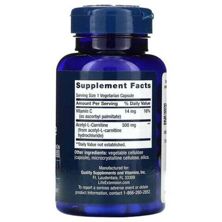Аминокислоты Life Extension, Ацетил-L-Карнитин, 500 мг, 100 капсул