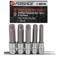 Набор головок-бит Torx 6-лучевых, 5 пр.(Т60,Т70,Т80,Т90,Т100, L-100мм) 1/2'', на планке Forsage F-40914L