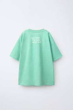 ZARA ФУТБОЛКА С ПРИНТОМ, МЯГКИЙ БИРЮЗОВЫЙ