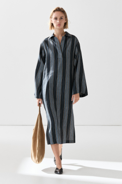 Massimo Dutti Кафтан в полоску из смесового льна и хлопка, синий