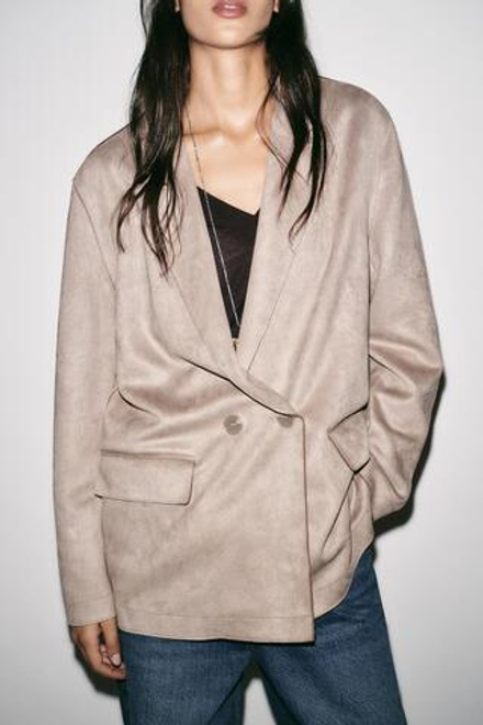 ZARA БЛЕЙЗЕР ИЗ ИСКУССТВЕННОЙ ЗАМШИ, СЕРО-КОРИЧНЕВЫЙ