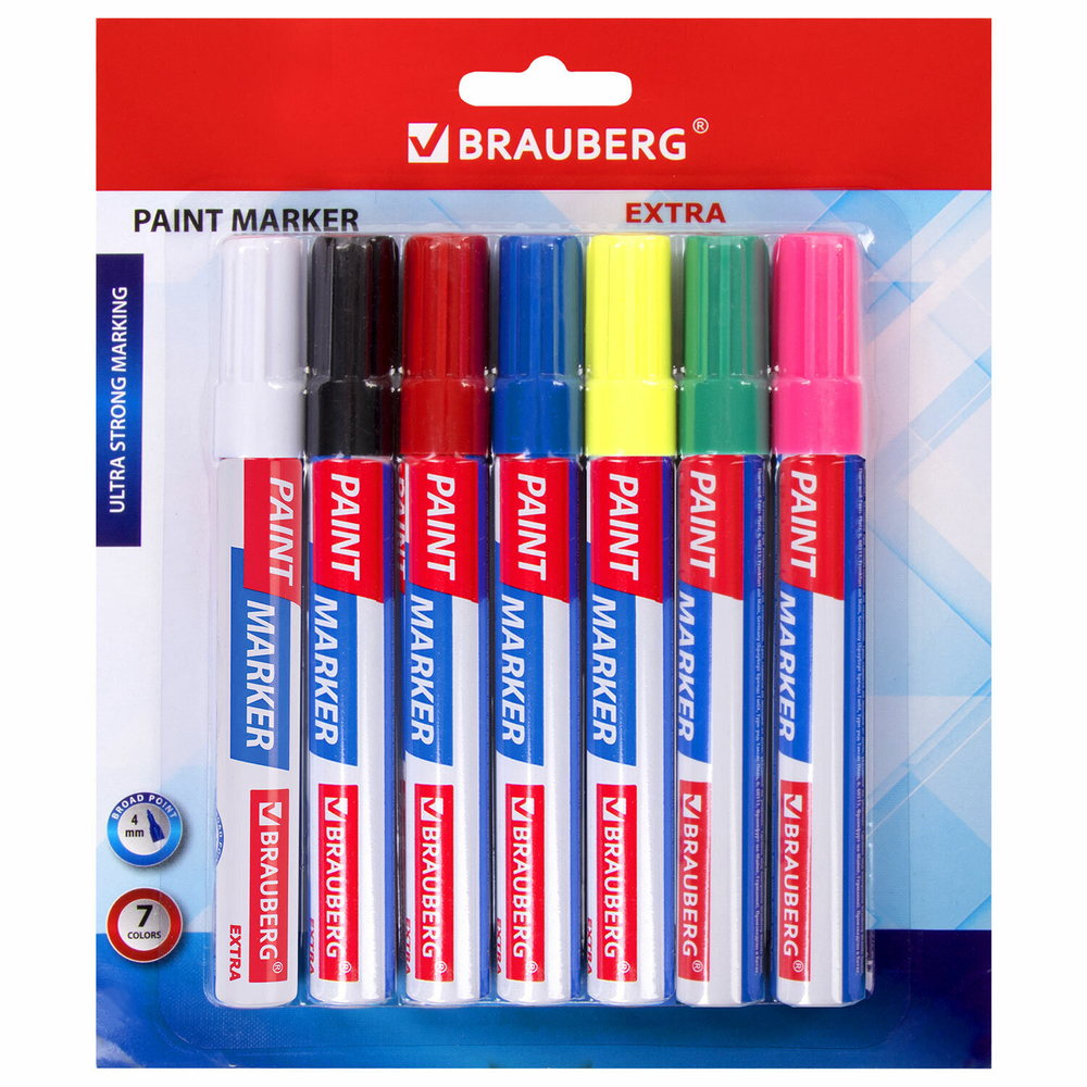 Маркер-краска лаковый EXTRA (paint marker) 4 мм набор 7 цветов усиленная нитро-основа BRAUBERG (2 штуки в упаковке)