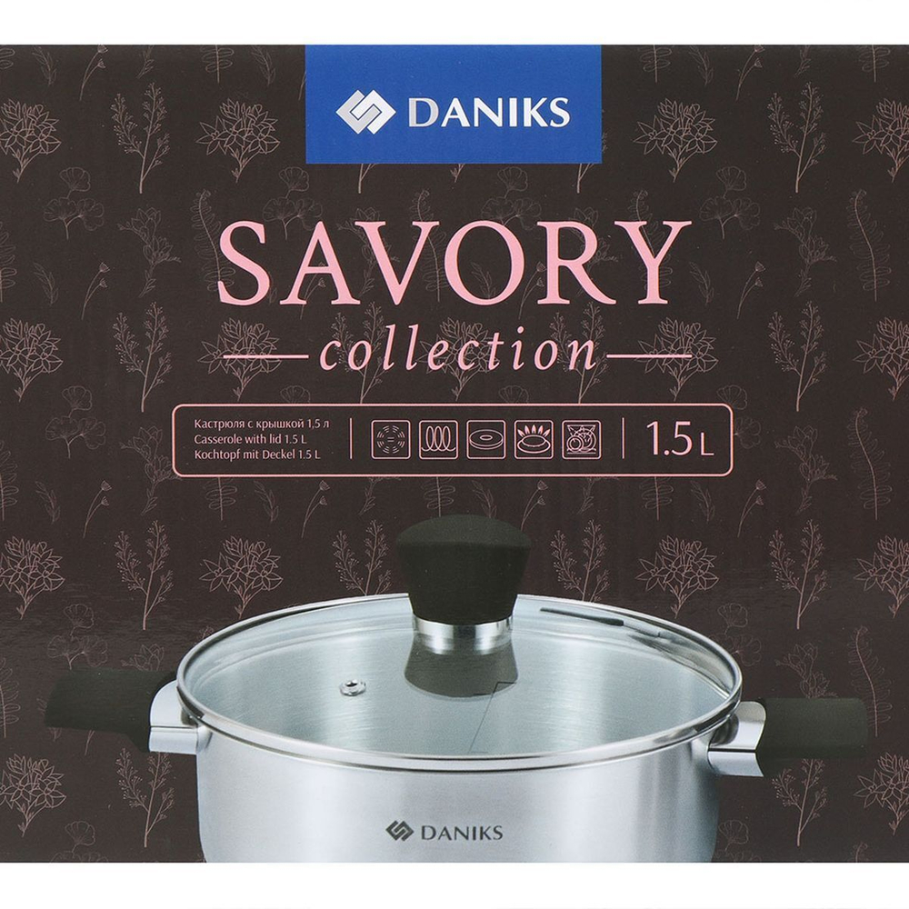 Кастрюля нерж, 1.5 л, с крыш, крышка стекло, Daniks, Savory, SD-A95-16, серебр, индукц