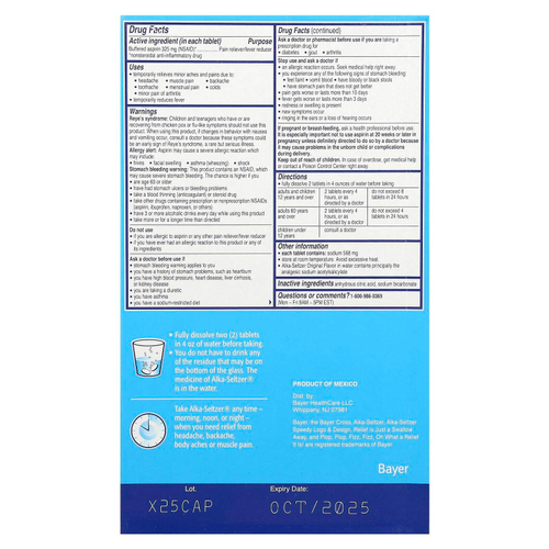 Alka-Seltzer, Буферизованный аспирин (НПВП), обезболивающее / средство для снижения температуры, оригинальный, 58 пакетиков (2 шт.) В каждом