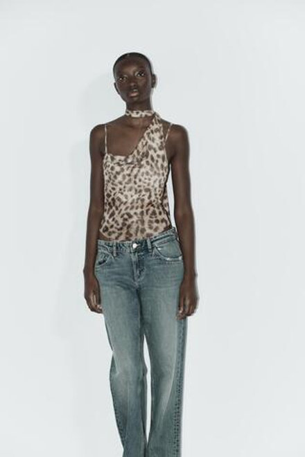 ZARA БОДИ ИЗ ПОЛУПРОЗРАЧНОГО ФУЛЯРА С ПРИНТОМ, ЛЕОПАРДОВЫЙ