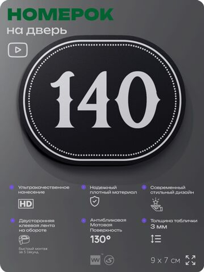 Номерок на дверь квартиры 140, для кабинета, офиса, шильдик 9 х 7 см, черный, Айдентика Технолоджи