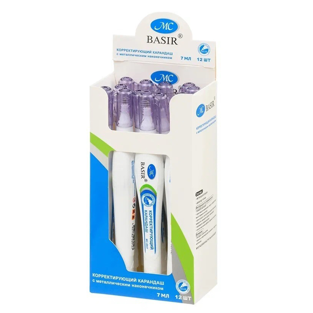 Штрих ручка корректор белый канцелярский, 3 шт по 7 мл, MC-Basir, набор замазок ручек с фигурным корпусом