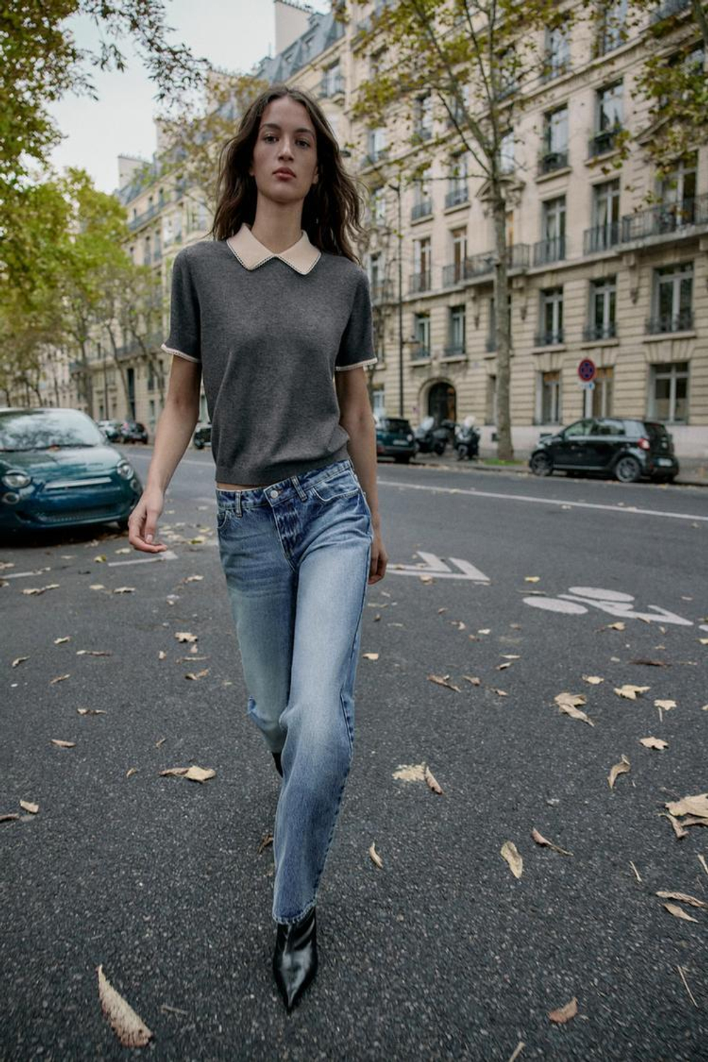 ZARA ПОЛО С КОРОТКИМ РУКАВОМ И КРУЖЕВОМ, СЕРЫЙ МЕЛАНЖ