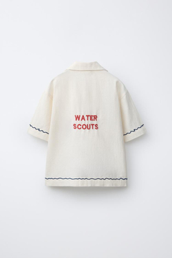 ZARA РУБАШКА БОУЛИНГ С ВЫШИВКОЙ ИЗ СМЕСОВОГО ЛЬНА, ЭКРЮ