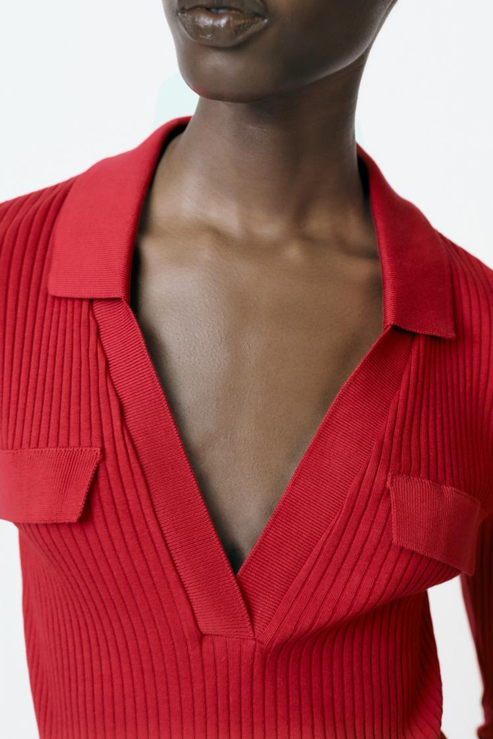 ZARA ФУТБОЛКА В РУБЧИК С ВОРОТНИКОМ ПОЛО, НАСЫЩЕННЫЙ КРАСНЫЙ