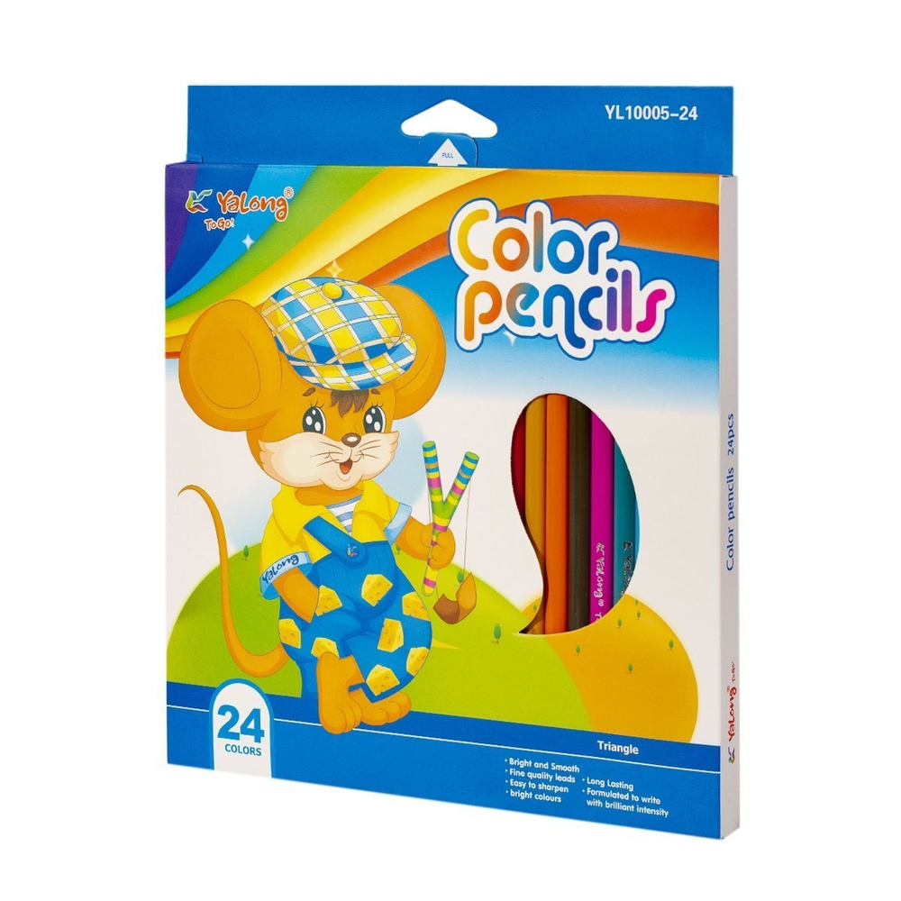 Карандаши цветные Yalong 24 цв., "Герои сказок" пластиковые, трехгранные, заточенные, грифель 2.8 мм, картон. уп., европодвес