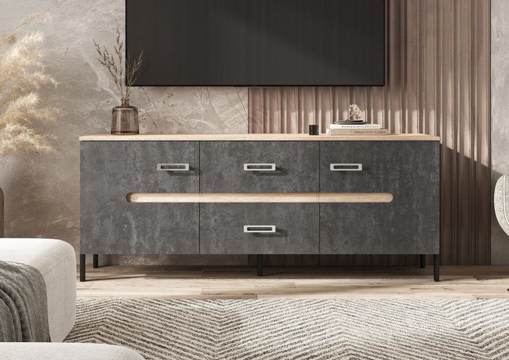 Тумба под телевизор напольная Металл сонома/Бетон графит 160х42х65