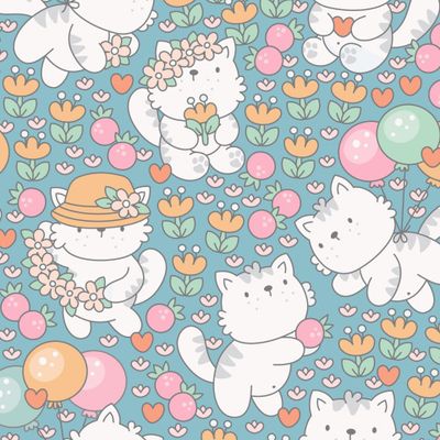 Милые котики в цветочках. Голубой