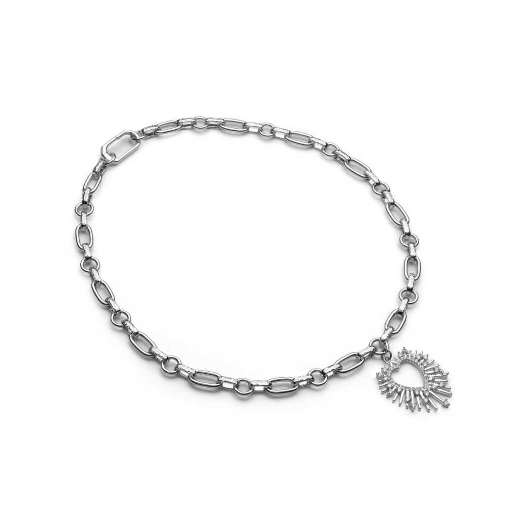 Латунная цепочка с большим Сердцем и Фианитами, silver
