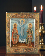 Никита и Дмитрий святые воины великомученики с Ангелом Хранителем. Деревянная икона на левкасе