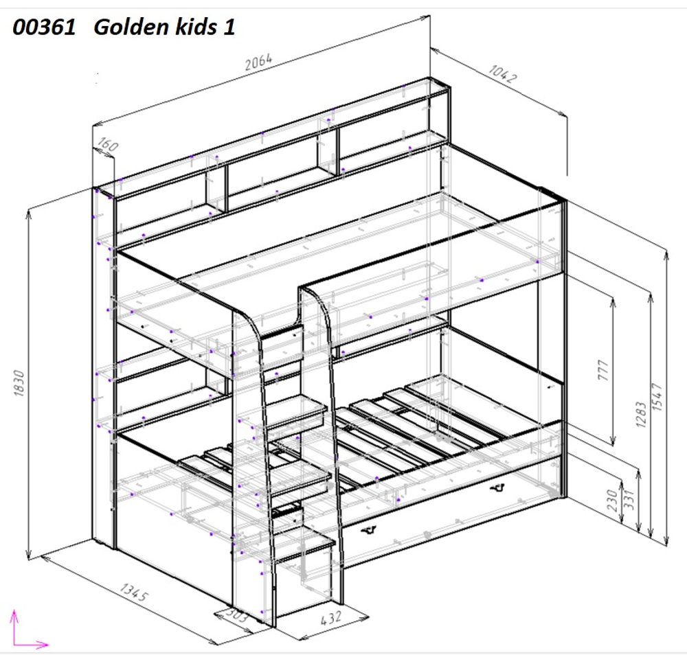Двухъярусная кровать КарИВи Голден Кидс 1 Дуб Молочный Белый