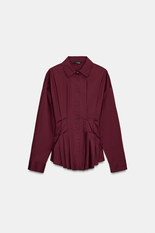 ZARA РУБАШКА ИЗ ПОПЛИНА СО СКЛАДКАМИ, БУРГУНДИ