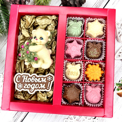 Шоколадный набор "С новым годом. Мишка с ёлкой 2026": шоколадка и 8 конфет ручной работы