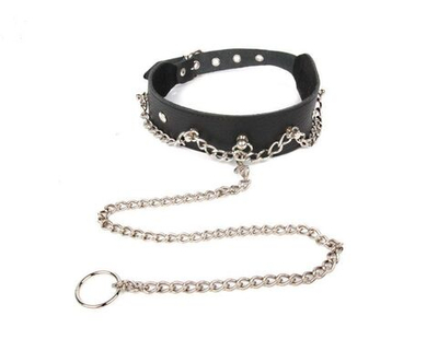 Черный ошейник с металлическим поводком-цепочкой (Цвет: черный)