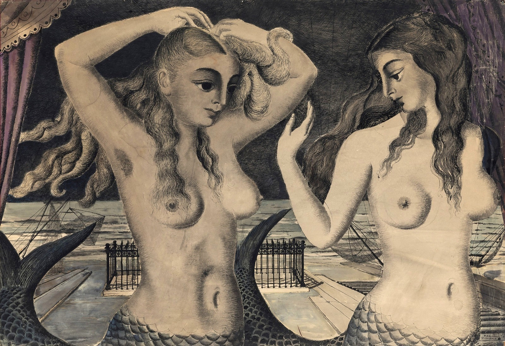 Поль Дельво. 1950. Сирены (Les Sirenes). 76.2 х 111.2. Бумага, акварель, перо и тушь. Частное собрание.
