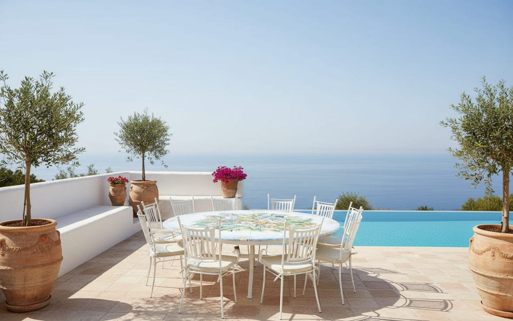 Столовая группа Domiziani Tropical на 10 персон, стол из лавового камня диам. 230 см, кресла нерж. сталь - 10 шт., Италия