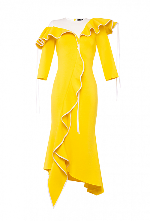 Платье жёлтое с воланами и ассиметричной кокеткой 01-02-21SS