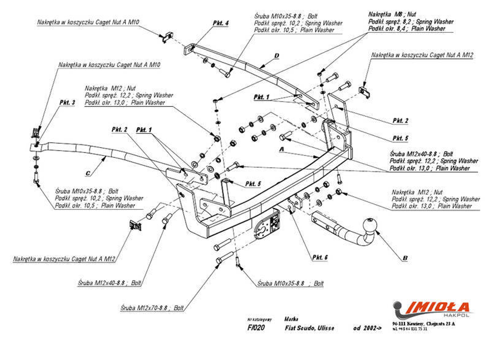 Фаркоп IMIOLA F.020 Citroen C8 2005-2010, FIAT Ulysse 2002-2010, Lancia Phedra 2002-2010, Peugeot 807 2002-2010(паспорт и сертификат в комплекте)(без электрики)