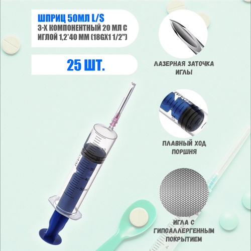 Шприц 50 мл. инъекционный 3-х компонентный с иглой 1,2*40 мм (18Gх1 1/2") luer slip 25 шт. MEDcare