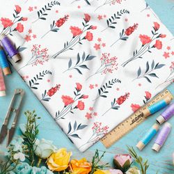 Ткань шифон коралловые цветы и листья на белом фоне