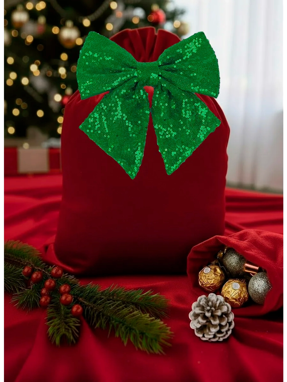 Бант на елку большой новогодний на верхушку зеленый