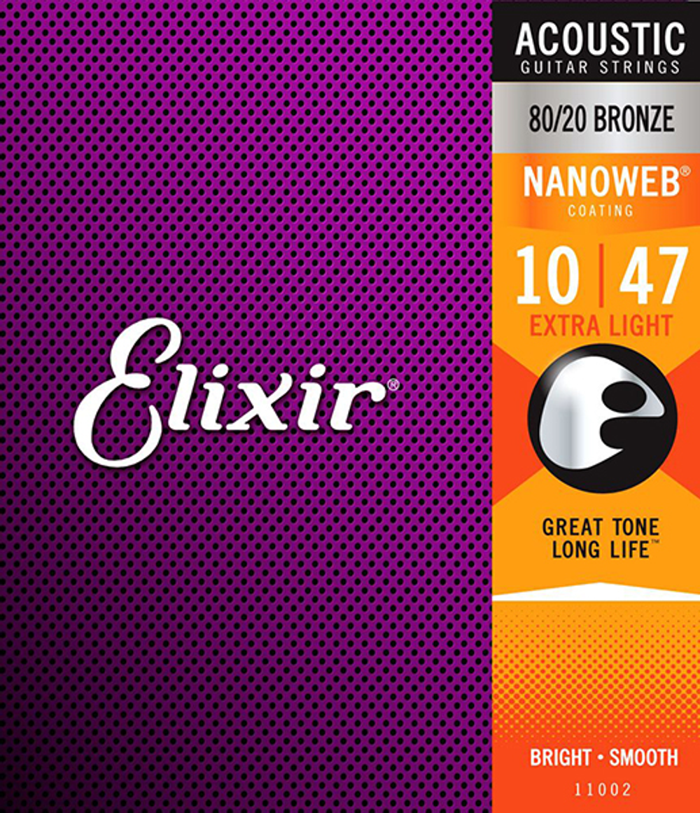 Elixir 11002 NANOWEB Комплект струн для акустической гитары с покрытием, Extra Light, бронза 80/20, 10-47.