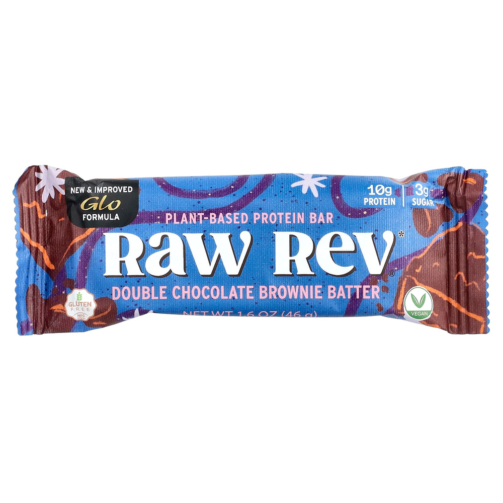 Raw Rev, Протеиновый батончик на растительной основе, двойное шоколадное тесто для брауни, 12 батончиков, 46 г (1,6 унции)