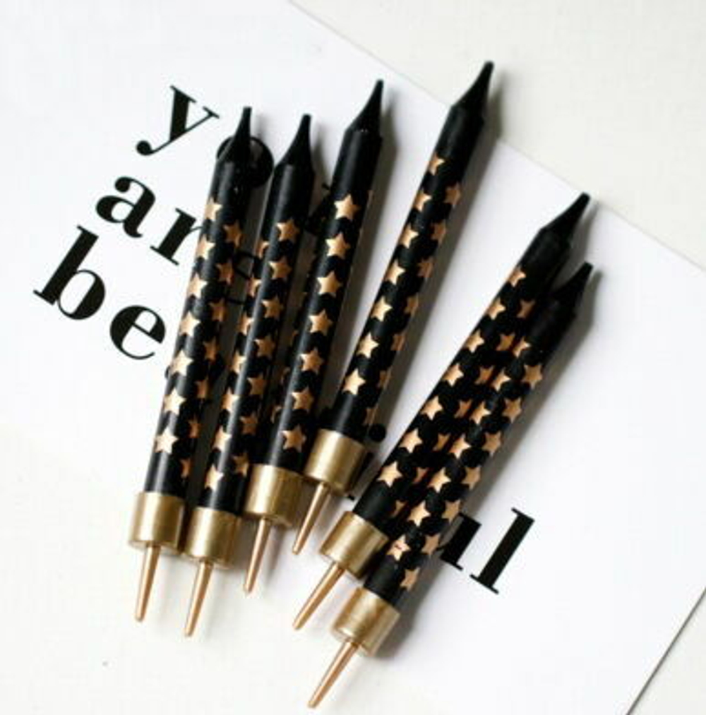 Свечи в торт «Золотые звезды, черные», 6 шт, 6 см