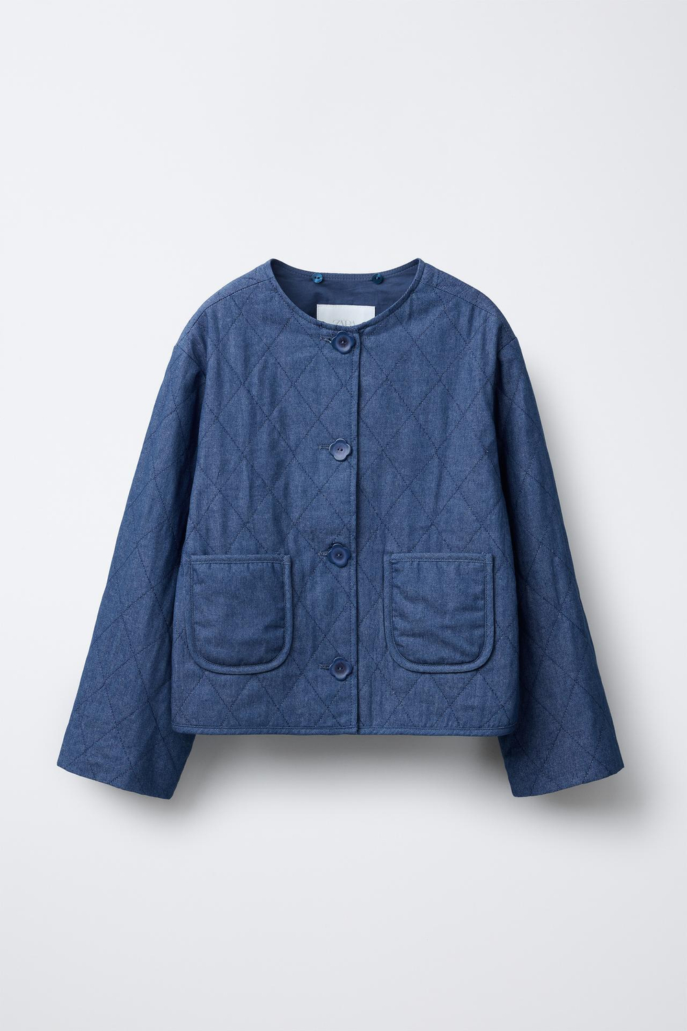 ZARA СТЕГАНАЯ КУРТКА С ОТСТЕГИВАЮЩИМСЯ ВОРОТНИКОМ И ЦВЕТОЧНЫМ ПРИНТОМ, СИНИЙ