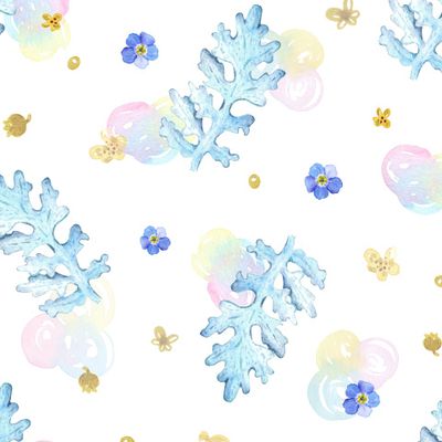 Серебристые листья и незабудки на белом фоне