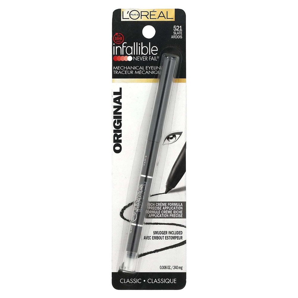 L'Oréal, Infallible, Never Fail ™, механическая подводка для глаз, оригинальный, грифель 521, 240 мг (0,008 унции)