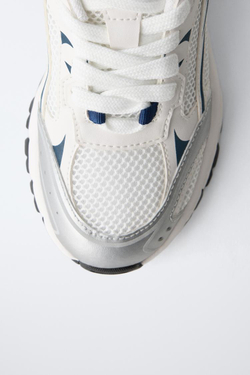 ZARA КРОССОВКИ С ДЕТАЛЯМИ ИЗ СЕТЧАТОЙ ТКАНИ, БЕЛЫЙ