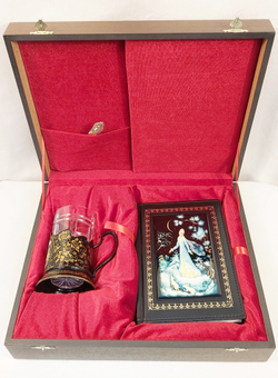 Коллекционный чайный набор с ежедневником "Снегурочка" (Ручная роспись Палех) в фуляре