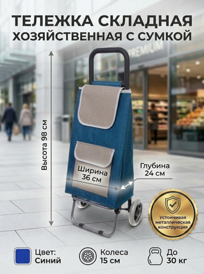 Тележка хозяйственная с сумкой (98*36*24см, колеса 15см,грузоподъемность до 30 кг) F синяя