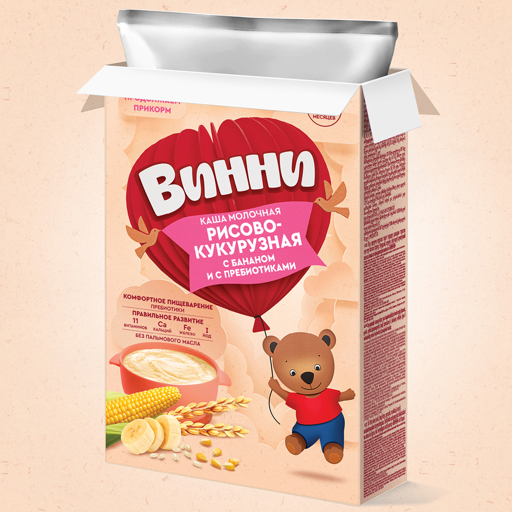 Каша молочная рисово-кукурузная с бананом и с пребиотиками Винни 200г с 6 месяцев