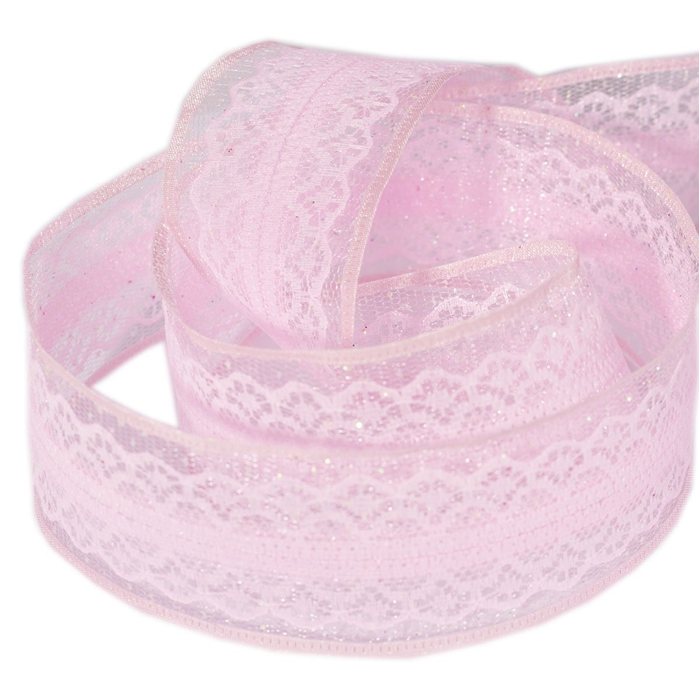 Декоративная лента капроновая отделка кружевом для рукоделия, упаковки и флористики, 4 см, намотка 25 ярдов, светло-розовый