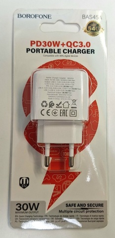 Сетевое зарядное устройство USB + USB-C BOROFONE BAS45A Potential PD30W+QC3.0 (белый) ш/к 6941991113871